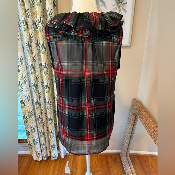 JCREW Plaid Holiday Top Sleeveless Ruffle Collar Black Stewart Tartan Cami Lined - Picture 6 of 8